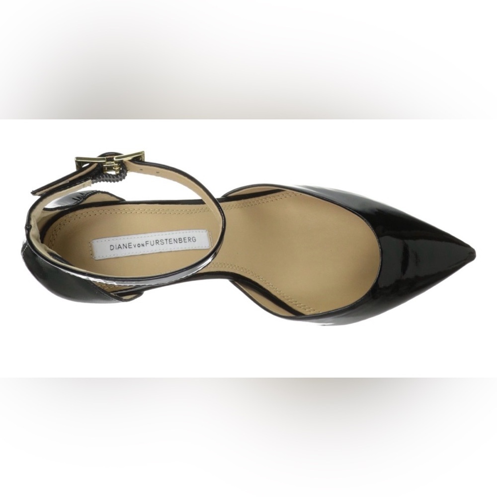 Diane Von Furstenberg women’s shoes Sz 5.5 Wedge Black Patent Ankle Wrap pointed - Picture 2 of 10